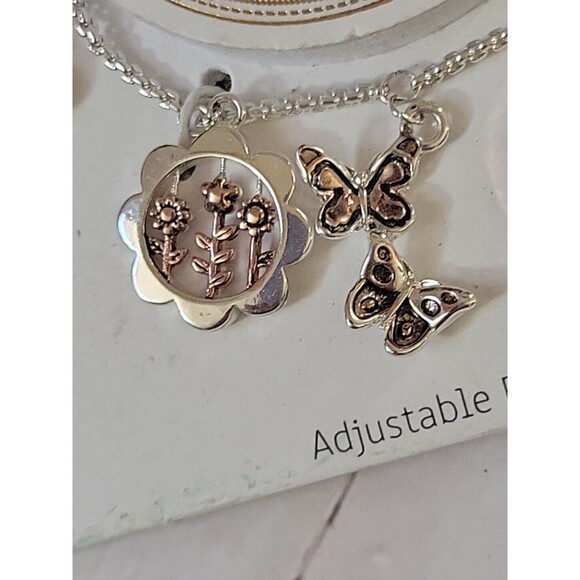 LA Rocks Silver & Rose Gold Tone Crystal Charm Bracelet w/ Butterflies & Flowers - Picture 3 of 6